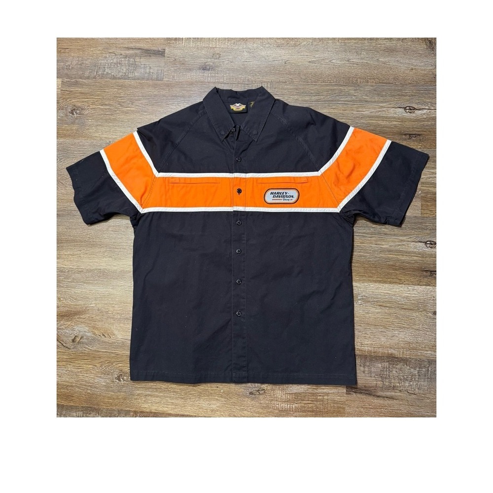 Vintage Harley Davidson Biker Button Up Shirt Mens Medium Black Orange Racing